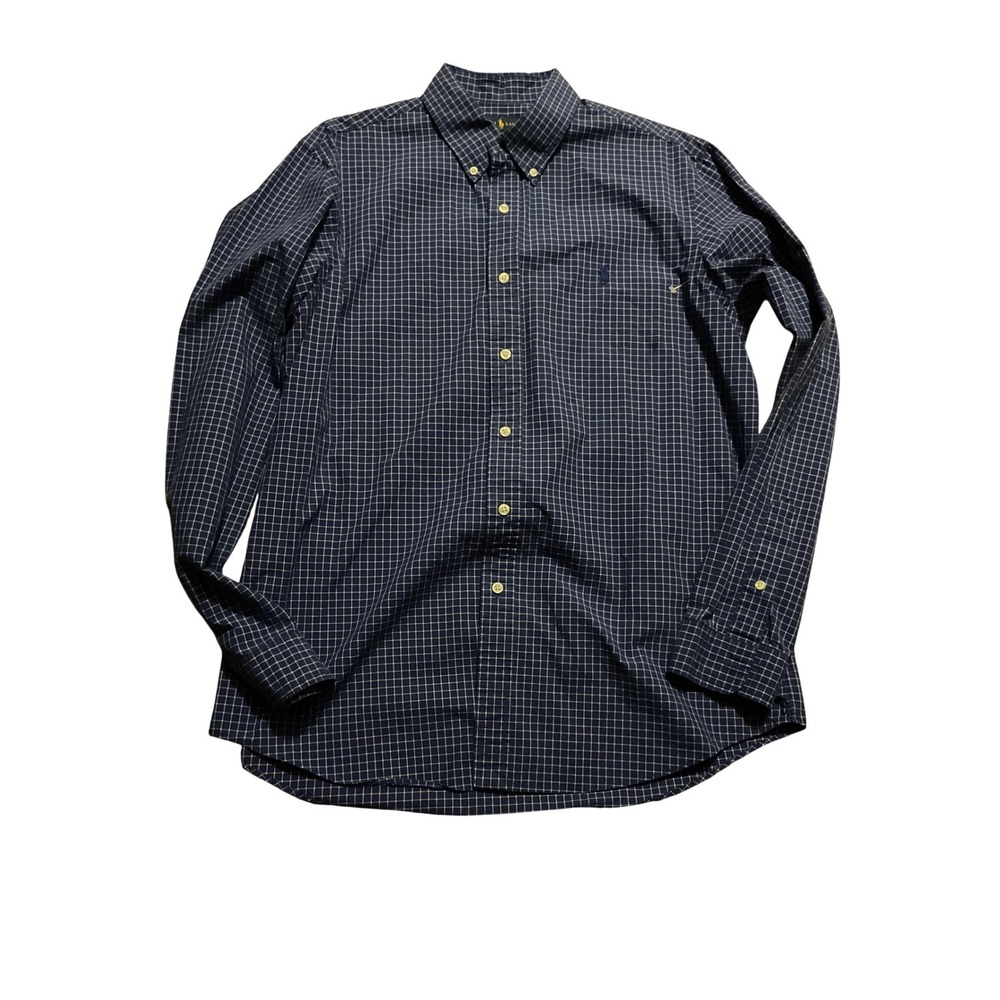 Polo Ralph Lauren Mens Large Navy Blue Check Button Down Long Sleeve Cotton